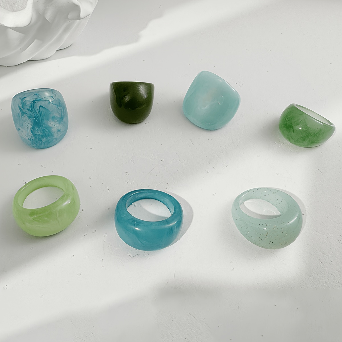 7pc Women's Green & Blue Wide Resin Ring Set, Vacation Style